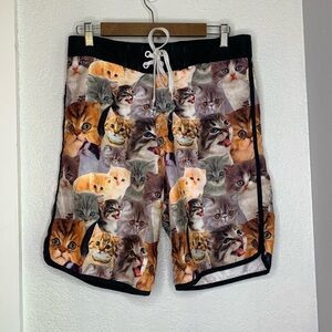 Funny Cat Print Swim Trunks Mens Med Novelty Kitten Beach Shorts quirky meme